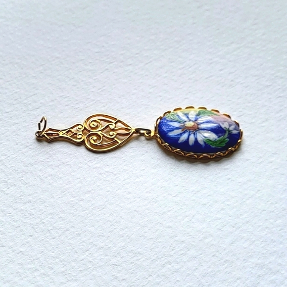 hand painted floral cabochon drop pendant